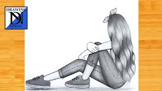 How to draw a easy sitting Girl Very easy drawing  Pencil sketch tutorial  Girl drawing [upl. by Qahsi]