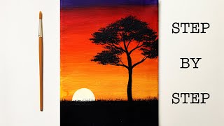 Easy Sunset for Beginners  Acrylic Painting Tutorial Step by Step  ENG SUB [upl. by Sinai]