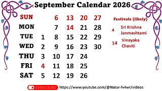 September Calendar 2026  September 2026 Festivals likely some optional and general holidays [upl. by Rep958]