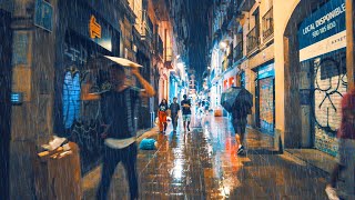 Barcelona Rain Walk at Night  Summer Thunder Storm Ambience in Catalonia Spain [upl. by Lurleen519]