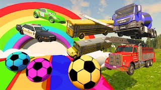 Double Flatbed Trailer Tractor rescue Bus  Cars Racing  Cars vs Stairs Colors  BeamNG Drive [upl. by Madigan]