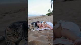 Baby and cat playing on the beach [upl. by Revert]