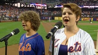 Stranger Things Gaten Matarazzo and sister Sabrina sing anthem at Citi Field [upl. by Odranar]