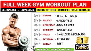 Full Week Gym Workout Plan For Muscle Gain  Beginners  Intermediate BuddyFitness [upl. by Tavi]