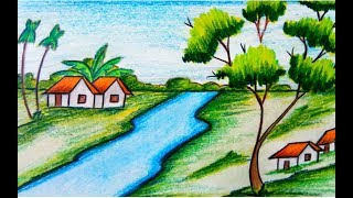 How to draw a village scenery for kids step by step easy drawing [upl. by Kuehn]