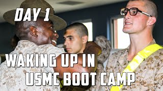 USMC Boot Camp Day 1  Waking Up in Marine Corps Boot Camp [upl. by Nerred]