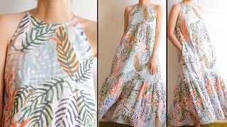 DIY Halter Neck Maxi Dress  Linen Maxi Ruffle Hem Dress [upl. by Decker]