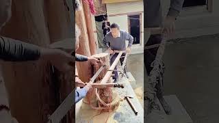 Push pull saw vertical sawing process of wood pillars [upl. by Aiyotal]