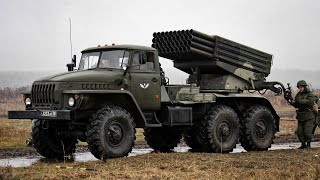 BM21 Grad  Russian 122 mm multiple rocket launcher [upl. by Aicirtak891]