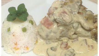 Pollo en Crema de Champiñones con Tocino RIQUÍSIMO Y MUY FACIL [upl. by Aranaj]