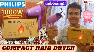 PHILIPS 1000W Compact Portable Hair Dryer Purple Colour Unboxing amp Quick Review [upl. by Nihs]