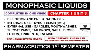 Monophasic Liquids complete  Syrup  Elixir  Liniments  Ch 1 U 3  Pharmaceutics  B Pharmacy [upl. by Nilyram778]