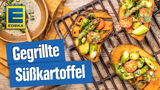 Süßkartoffel grillen  Veganes Süßkartoffel Rezept mit Kräutersoße [upl. by Riobard]