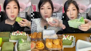 Asmr Crepe Roll CakeMatcha CakeMini Cream BunMatcha FudgeRoll CakeTartEating Layer Cream Cake [upl. by Ninehc]