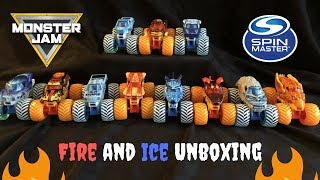 Unboxing Fire and Ice Monster Jam  Wildfire Yeti and more [upl. by Simdars]