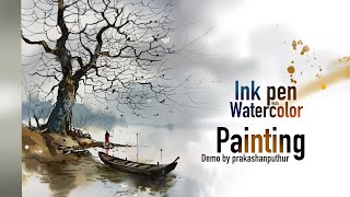 A different method of watercolour painting  ink pen with watercolour  demo by prakashanputhur [upl. by Keelby]