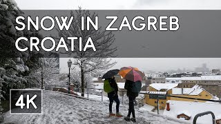 Walking Tour Snowy Winter Day in Zagreb Croatia  4K UHD Virtual Travel [upl. by Tye]