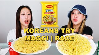 KOREAN SISTERS TRY MAGGI NOODLES 🍜  RACE CHALLENGE [upl. by Kacey786]