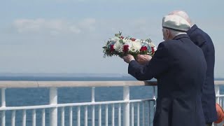 British DDay veterans lay wreath in English Channel during ferry crossing for 80th anniversary [upl. by Ahsiea317]