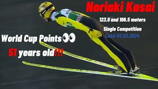 Noriaki Kasai 🇯🇵 1230 amp 1065 meters  Single Competition Lahti 🇫🇮 03032024  WC Points at 51 yo [upl. by Alleira]