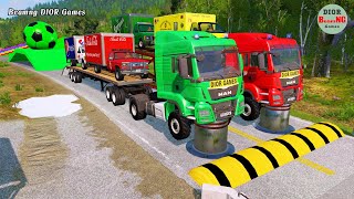 Double Flatbed Trailer Truck vs speed bumpsBusses vs speed bumpsBeamng Drive545 [upl. by Catrina]