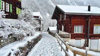 Wengen Switzerland 4K  Snowy walk in a beautiful Swiss village  Winter wonderland [upl. by Iramaj]