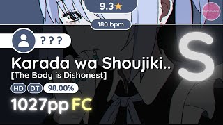 osu Hypo  93★ Someone FCed Karada wa Shoujiki datte Ittenno The Body is Dishonest HDDT [upl. by Yrrehc]