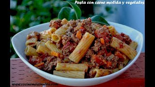 Pasta Rigatoni con carne molida y vegetales receta facil [upl. by Essej]