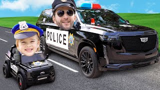 Chris rides on toy police car  Kids stories about good behavior and rules [upl. by Naynek]