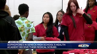 Seneca High School students receive medical scrubs as part of health academy [upl. by Eatnom]