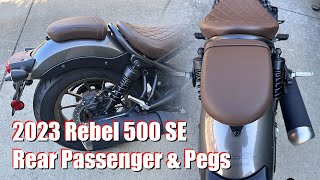 Honda Rebel 500 SE OE rear passenger seat with pegs install and overview [upl. by Yllehs788]