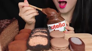 Jane ASMR chocolate Nutella cake ice cream mochi crepe cake Mukbang bites only [upl. by Ennaira]