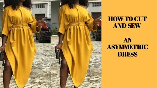 How to cut and sew a simple dress with asymmetric Neckline and sleeves kimono Dress design [upl. by Anawit]