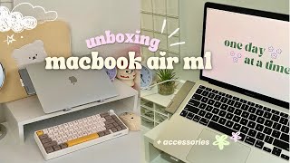 macbook air m1 unboxing in 2024  my first macbook 🤍  essential accessories [upl. by Adnotal]