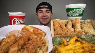 RAISING CANES MUKBANG with WINGSTOP Cheesy Voodoo Fries Chicken Tenders and XL Sauce [upl. by Rinaldo401]