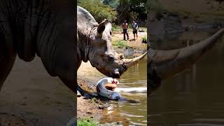 Rhino meets giant white python by the lake youtubeshorts pythonsnake animals giantpython snake [upl. by Morty]