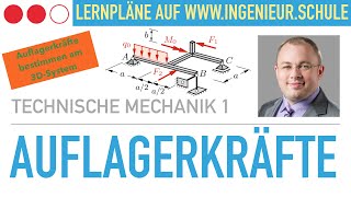 Auflagerkräfte eines 3D  Rahmensystems berechnen – Technische Mechanik 1 [upl. by Leda218]