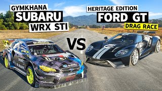 Racecar vs Supercar Ford GT drag races Travis Pastrana’s Subaru 862hp Gymkhana Car [upl. by Tisdale]