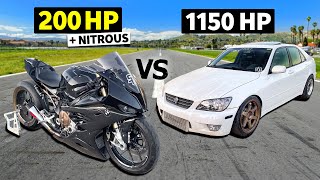 Super Bike vs Super Motor Slammed BMW S1000RR vs 1150hp Lexus IS300 in NoPrep Drag Racing [upl. by Brand997]