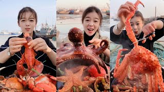 Female fishermen eat giant king crab lobster conch octopu squid yummy seafoodboil eatingshow [upl. by Renie]