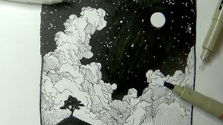 Pen amp Ink Drawing Tutorials  How to draw a night sky landscape with moon stars amp clouds [upl. by Assela626]