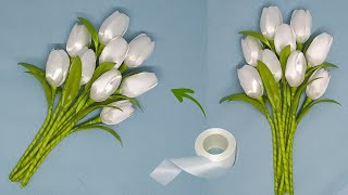 DIY Easy Satin Ribbon Flower Tulips  Tulip Flower Making With Satin Ribbon [upl. by Ahsaele545]