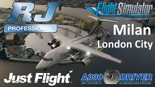 JustFlights superb Avro RJ  Foggy Milan Linate to London City  Real Airline Pilot [upl. by Yeoj]