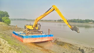 on pontoon Long Reach Excavator Digging The River HYUNDAI 245LR SMART [upl. by Aralc]