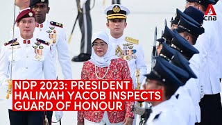 National Day Parade 2023 President Halimah Yacob inspects guard of honour [upl. by Eemiaj]