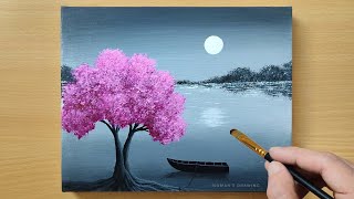 Black amp White Landscape Painting for Beginners  Cherry Blossom  Acrylic Painting Technique [upl. by Yarahs]