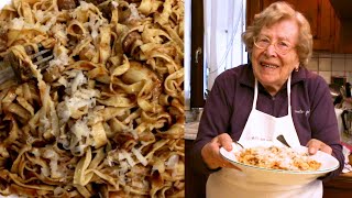 Pasta Grannies share 95 year old Rinas tajarin with porcini sauce [upl. by Severen]