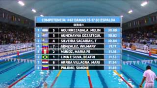 Campeonato sudamericano de natación lima 2015 50 m Espalda Juvenil B Damas [upl. by Laleb]