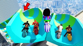 Franklin And Avengers Bike Water Slide Ramp Jump Challenge With All Flash in GTA 5 [upl. by Enitsenre]