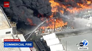 Massive fire rips through pallet yard in Rosemead [upl. by Notsnhoj674]